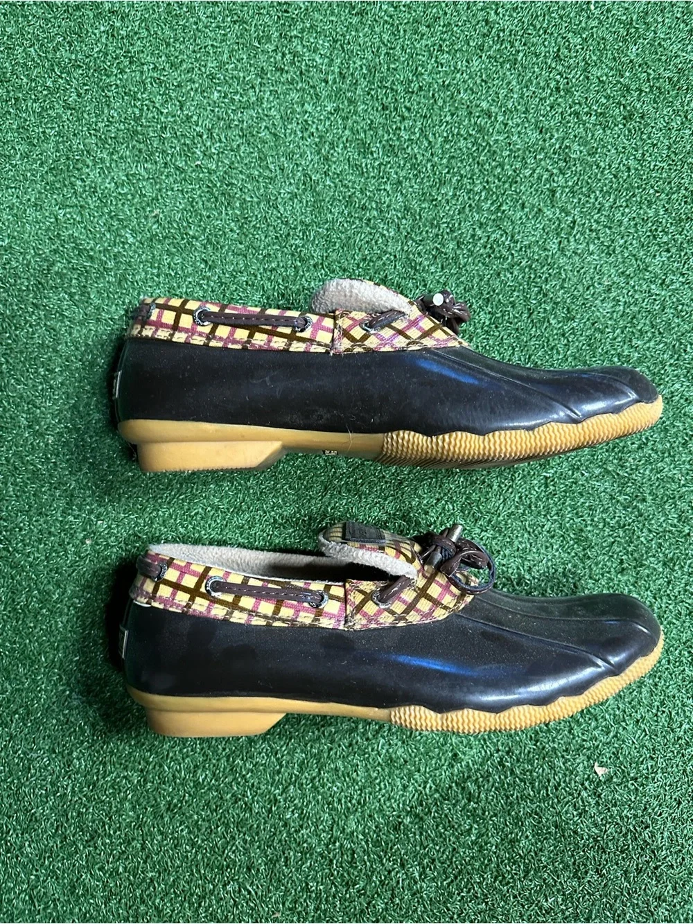 Sperrys Brown Duck-Style Loafers with Yellow Plaid Trim